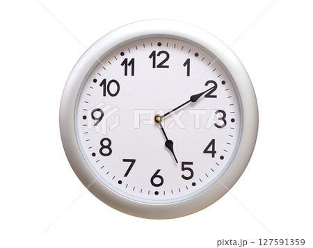 Round Silver Wall Clock Showing 05:10 or 17:10 Isolated-White. Useful for concepts like noon, midnight, deadline, countdown, or time management. 127591359