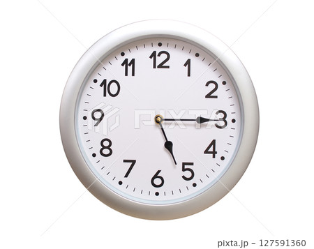 Round Silver Wall Clock Showing 05:15 or 17:15 Isolated-White. Useful for concepts like noon, midnight, deadline, countdown, or time management. Round Silver Wall Clock Showing 05:15 or 17:15 Isolated-White. Useful for concepts like noon, midnight, deadline, countdown, or time management. 127591360