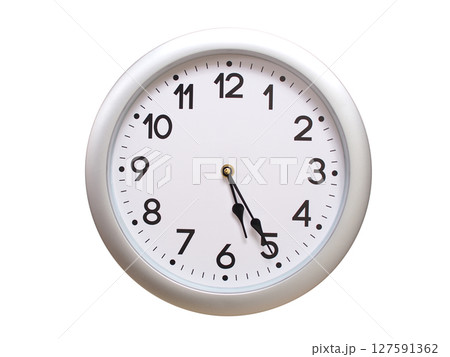 Round Silver Wall Clock Showing 05:25 or 17:25 Isolated-White. Useful for concepts like noon, midnight, deadline, countdown, or time management. 127591362