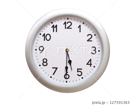 Round Silver Wall Clock Showing 05:30 or 17:30 Isolated-White. Useful for concepts like noon, midnight, deadline, countdown, or time management. 127591363