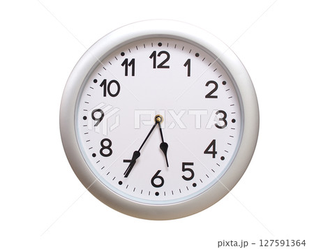 Round Silver Wall Clock Showing 05:35 or 17:35 Isolated-White. Useful for concepts like noon, midnight, deadline, countdown, or time management. 127591364