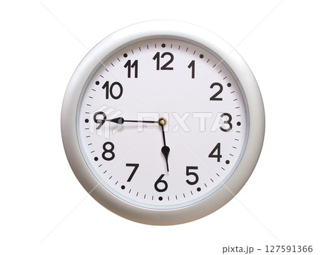 Round Silver Wall Clock Showing 05:45 or 17:45 Isolated-White. Useful for concepts like noon, midnight, deadline, countdown, or time management. 127591366