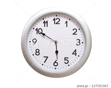 Round Silver Wall Clock Showing 05:50 or 17:50 Isolated-White. Useful for concepts like noon, midnight, deadline, countdown, or time management. 127591367