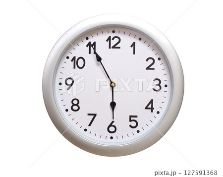 Round Silver Wall Clock Showing 05:55 or 17:55 Isolated-White. Useful for concepts like noon, midnight, deadline, countdown, or time management. Round Silver Wall Clock Showing 05:55 or 17:55 Isolated-White. Useful for concepts like noon, midnight, deadline, countdown, or time management. 127591368