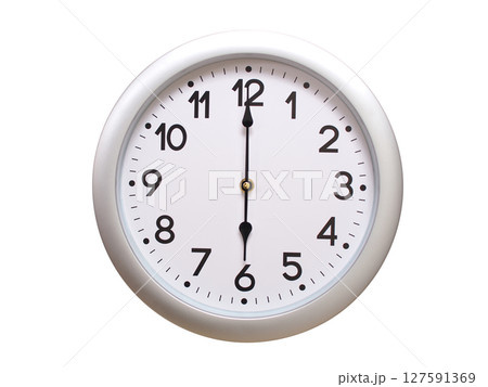 Round Silver Wall Clock Showing 06:00 or 18:00 Isolated-White. Useful for concepts like noon, midnight, deadline, countdown, or time management. 127591369