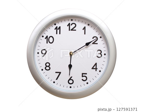 Round Silver Wall Clock Showing 06:10 or 18:10 Isolated-White. Useful for concepts like noon, midnight, deadline, countdown, or time management. Round Silver Wall Clock Showing 06:10 or 18:10 Isolated-White. Useful for concepts like noon, midnight, deadline, countdown, or time management. 127591371