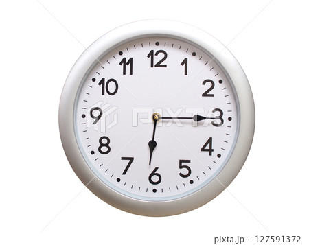 Round Silver Wall Clock Showing 06:15 or 18:15 Isolated-White. Useful for concepts like noon, midnight, deadline, countdown, or time management. 127591372
