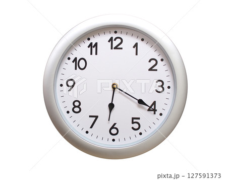 Round Silver Wall Clock Showing 06:20 or 18:20 Isolated-White. Useful for concepts like noon, midnight, deadline, countdown, or time management. 127591373