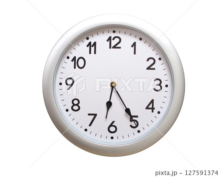 Round Silver Wall Clock Showing 06:25 or 18:25 Isolated-White. Useful for concepts like noon, midnight, deadline, countdown, or time management. 127591374