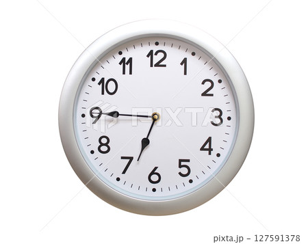 Round Silver Wall Clock Showing 06:45 or 18:45 Isolated-White. Useful for concepts like noon, midnight, deadline, countdown, or time management. 127591378