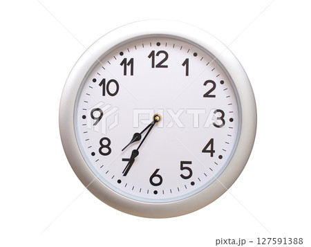 Round Silver Wall Clock Showing 07:35 or 19:35 Isolated-White. Useful for concepts like noon, midnight, deadline, countdown, or time management. Round Silver Wall Clock Showing 07:35 or 19:35 Isolated-White. Useful for concepts like noon, midnight, deadline, countdown, or time management. 127591388