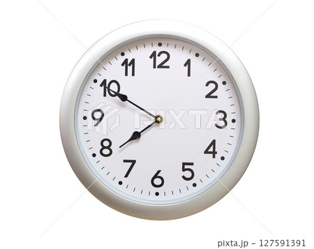 Round Silver Wall Clock Showing 07:50 or 19:50 Isolated-White. Useful for concepts like noon, midnight, deadline, countdown, or time management. 127591391