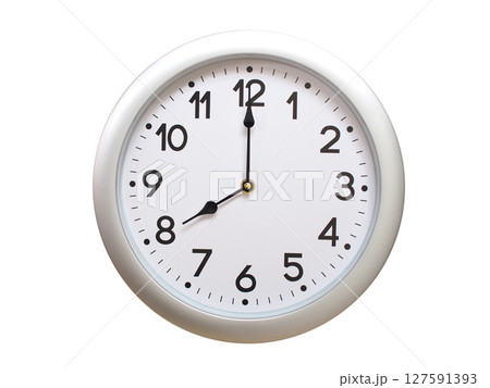 Round Silver Wall Clock Showing 08:00 or 20:00 Isolated-White. Useful for concepts like noon, midnight, deadline, countdown, or time management. 127591393