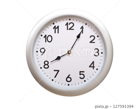 Round Silver Wall Clock Showing 08:05 or 20:05 Isolated-White. Useful for concepts like noon, midnight, deadline, countdown, or time management. 127591394