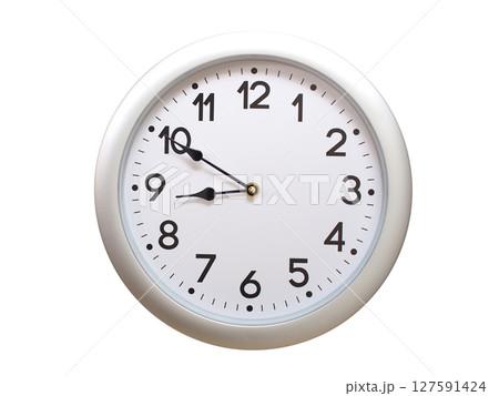 Round Silver Wall Clock Showing 08:50 or 20:50 Isolated-White. Useful for concepts like noon, midnight, deadline, countdown, or time management. 127591424