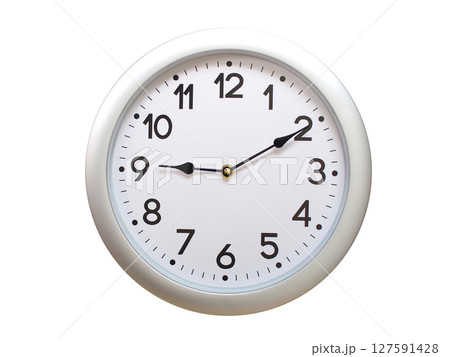 Round Silver Wall Clock Showing 09:10 or 21:10 Isolated-White. Useful for concepts like noon, midnight, deadline, countdown, or time management. 127591428