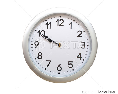 Round Silver Wall Clock Showing 09:50 or 21:50 Isolated-White. Useful for concepts like noon, midnight, deadline, countdown, or time management. 127591436