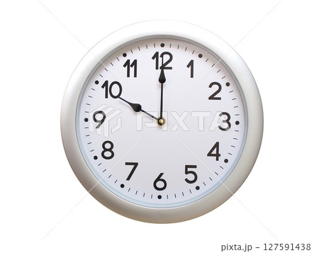 Round Silver Wall Clock Showing 10:00 or 22:00 Isolated-White. Useful for concepts like noon, midnight, deadline, countdown, or time management. 127591438