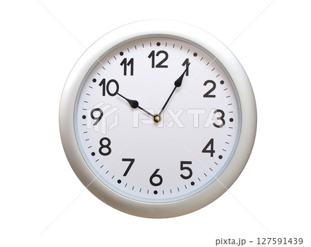 Round Silver Wall Clock Showing 10:05 or 22:05 Isolated-White. Useful for concepts like noon, midnight, deadline, countdown, or time management. 127591439