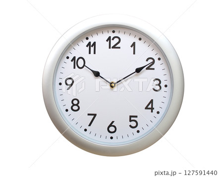Round Silver Wall Clock Showing 10:10 or 22:10 Isolated-White. Useful for concepts like noon, midnight, deadline, countdown, or time management. 127591440