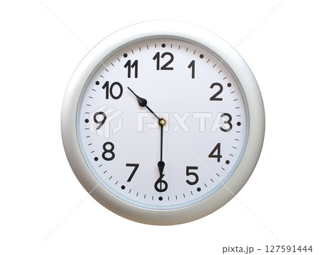 Round Silver Wall Clock Showing 10:30 or 22:30 Isolated-White. Useful for concepts like noon, midnight, deadline, countdown, or time management. 127591444