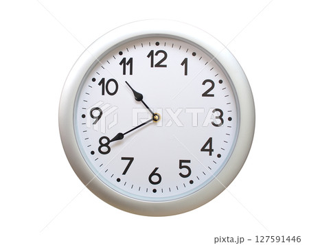Round Silver Wall Clock Showing 10:40 or 22:40 Isolated-White. Useful for concepts like noon, midnight, deadline, countdown, or time management. Round Silver Wall Clock Showing 10:40 or 22:40 Isolated-White. Useful for concepts like noon, midnight, deadline, countdown, or time management. 127591446
