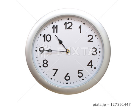 Round Silver Wall Clock Showing 10:45 or 22:45 Isolated-White. Useful for concepts like noon, midnight, deadline, countdown, or time management. 127591447
