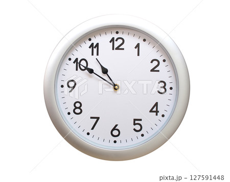 Round Silver Wall Clock Showing 10:50 or 22:50 Isolated-White. Useful for concepts like noon, midnight, deadline, countdown, or time management. 127591448