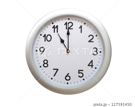 Round Silver Wall Clock Showing 11:00 or 23:00 Isolated-White. Useful for concepts like noon, midnight, deadline, countdown, or time management. 127591450