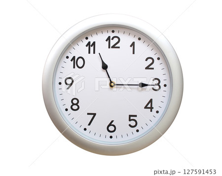 Round Silver Wall Clock Showing 11:15 or 23:15 Isolated-White. Useful for concepts like noon, midnight, deadline, countdown, or time management. Round Silver Wall Clock Showing 11:15 or 23:15 Isolated-White. Useful for concepts like noon, midnight, deadline, countdown, or time management. 127591453
