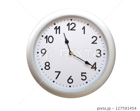 Round Silver Wall Clock Showing 11:20 or 23:20 Isolated-White. Useful for concepts like noon, midnight, deadline, countdown, or time management. Round Silver Wall Clock Showing 11:20 or 23:20 Isolated-White. Useful for concepts like noon, midnight, deadline, countdown, or time management. 127591454