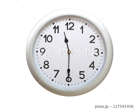 Round Silver Wall Clock Showing 11:30 or 23:30 Isolated-White. Useful for concepts like noon, midnight, deadline, countdown, or time management. Round Silver Wall Clock Showing 11:30 or 23:30 Isolated-White. Useful for concepts like noon, midnight, deadline, countdown, or time management. 127591456