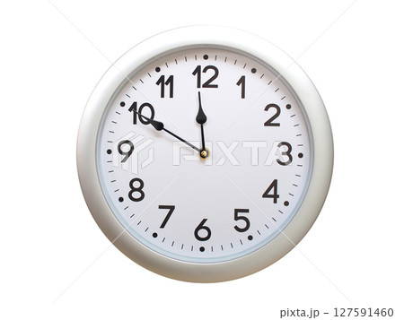 Round Silver Wall Clock Showing 11:50 or 23:50 Isolated-White. Useful for concepts like noon, midnight, deadline, countdown, or time management. 127591460