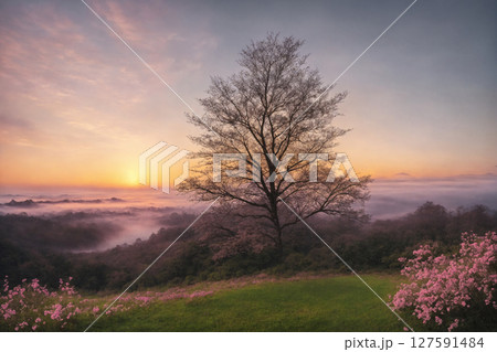 Sakura blossoms in japanese style ornamental garden, beautiful landscape. Generative AI. 127591484