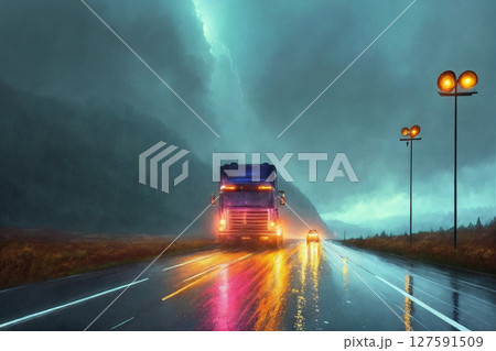 A truck is driving on the road. Dark dramatic landscape with forest as background, gloomy sky, rainy clouds. Generative AI. 127591509