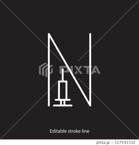 No syringe, hormones, antibiotic, drugs icon. No injection symbol. Vector stock illustration isolated on black background for design template medical, pharmacy, hospital. Editable stroke line 127591532