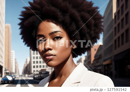A beautiful african american woman portrait, city street as background. Generative AI. A beautiful african american woman portrait, city street as background. Generative AI. 127591542