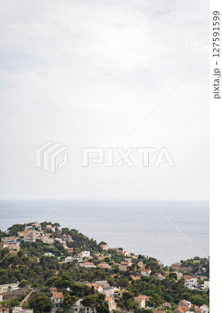 Coastal Village View with an Endless Ocean Horizon on a Perfectly Clear Day 127591599