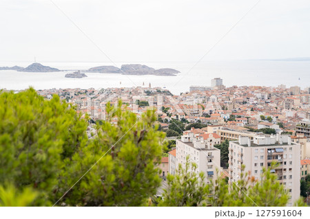 Cityscape and seascape with islands, urban scenery, nature in Marseilles 127591604
