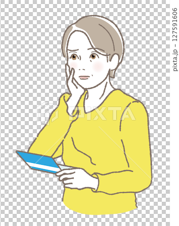 通帳をみて困った顔をする中高年女性 127591606