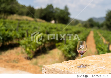 Glass of Wine placed on a Stone Wall in a Vineyard, with a Scenic Background 127591607