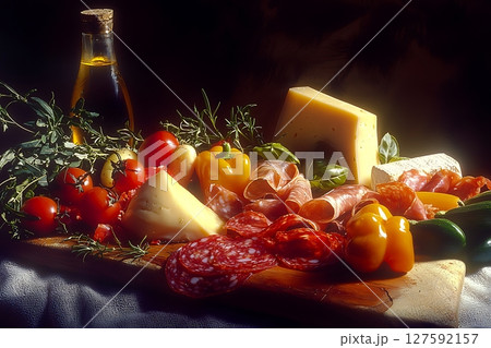 Still Life of Italian Cheese, Salami, and Fresh Produce. A vibrant culinary composition featuring assorted cured meats, cheeses, and ripe vegetables. Still Life of Italian Cheese, Salami, and Fresh Produce. A vibrant culinary composition featuring assorted cured meats, cheeses, and ripe vegetables. 127592157