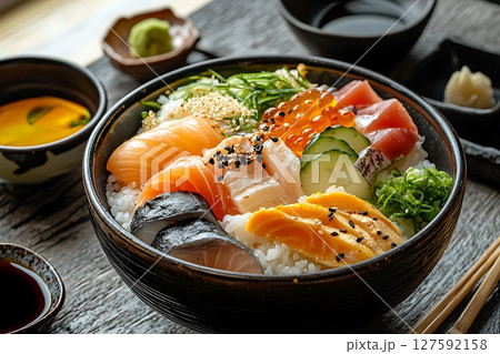 Delicious Chirashi Bowl A Close-Up of Fresh Seafood and Rice. 127592158