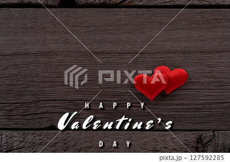 Vintage Valentine's Day Card with Red Hearts on Wooden Background 127592285