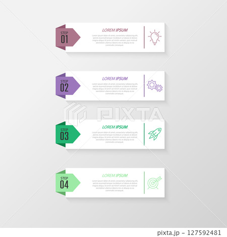 Infographics. 4 stages of development, marketing, workflow or plan. Business strategy with icons. Report and statistics diagram. 127592481