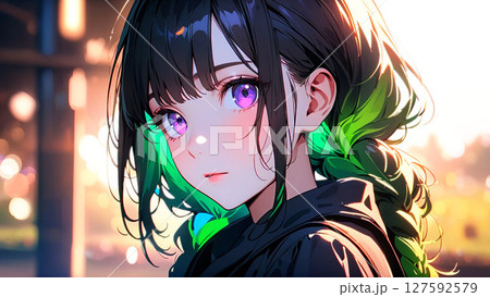 夕焼けの中、振り向く女性 127592579