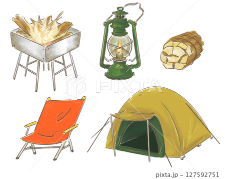 キャンプで使う道具 アウトドア用品 手描きイラスト セット販売 キャンプで使う道具 アウトドア用品 手描きイラスト セット販売 127592751