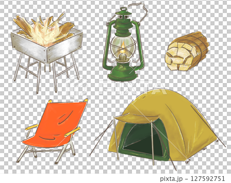 キャンプで使う道具 アウトドア用品 手描きイラスト セット販売 キャンプで使う道具 アウトドア用品 手描きイラスト セット販売 127592751