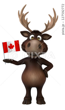 Cute cartoon moose character proudly holding Canadian flag. Happy mascot representing Canada. Fun illustration for national holidays. 127592772