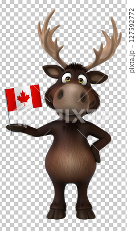 Cute cartoon moose character proudly holding Canadian flag. Happy mascot representing Canada. Fun illustration for national holidays. 127592772